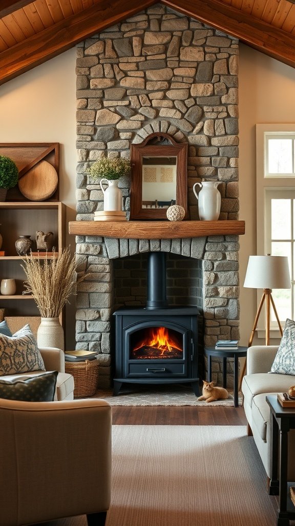 A cozy modern farmhouse living room featuring a wood burning stove in front of a stone fireplace.