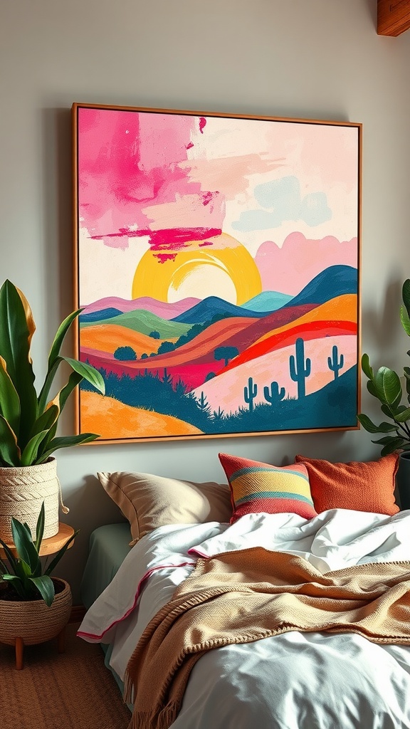 A colorful abstract landscape painting of rolling hills with a bright sun, hanging above a cozy bed with pillows and throws.