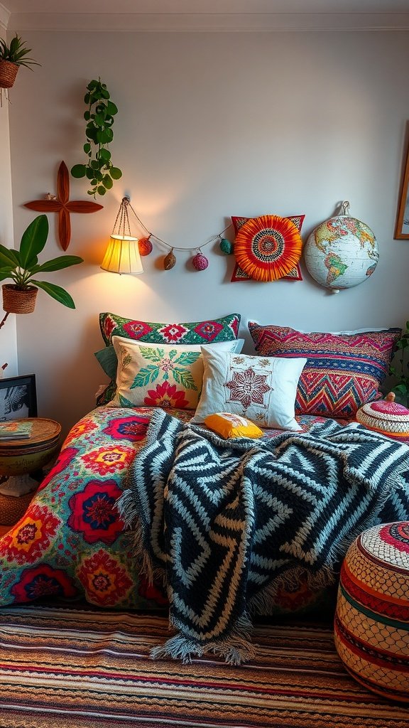 A colorful bohemian bedroom with vibrant bedding, patterned pillows, and decorative elements.
