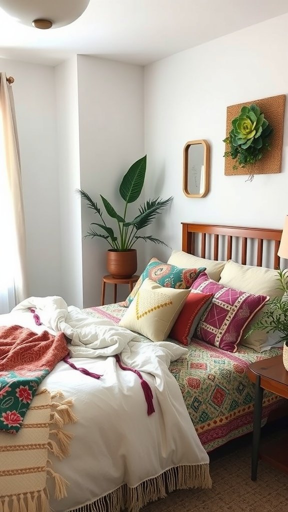 A cozy boho mid-century modern bedroom with colorful bedding and pillows.