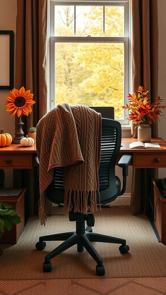 Cozy fall home office featuring a desk with sunflowers, fall leaves, a blanket on a chair, and pumpkins.