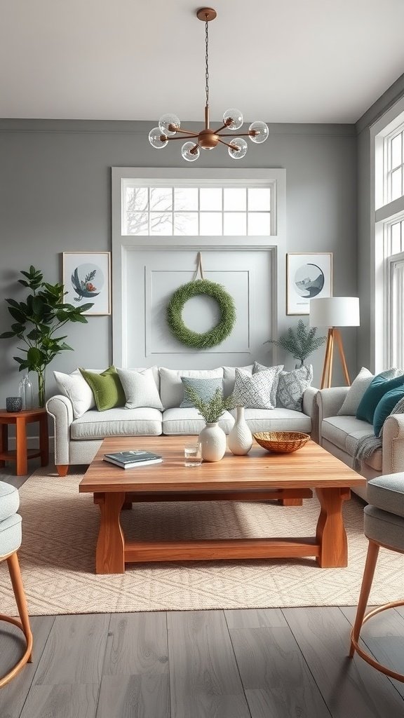 A grey modern farmhouse living room featuring a wooden coffee table, light grey walls, and comfortable sofas.