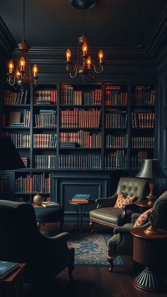 A cozy library wall filled with books, featuring elegant chairs, warm lighting, and a rich color palette