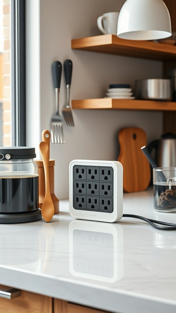 A pop-up socket on a kitchen counter with a coffee maker and utensils nearby.