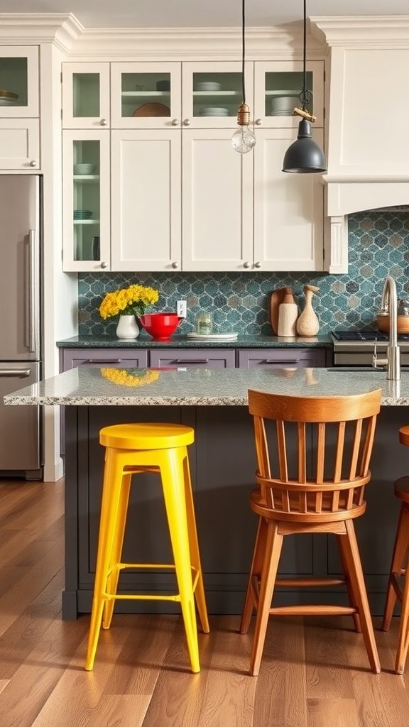 A kitchen peninsula with vibrant yellow and wooden stools, featuring a stylish backsplash and modern cabinetry.