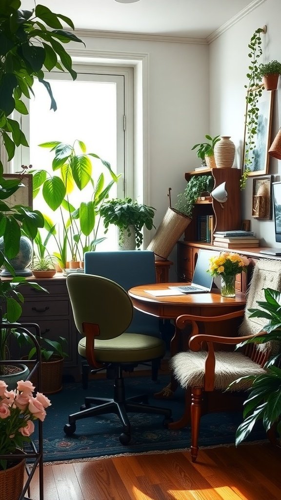Cozy home office with plants and flowers in an English cottage style