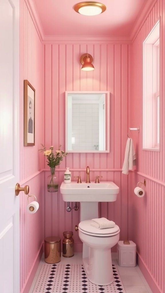 Small bathroom with calming pink walls, gold accents, and natural light.
