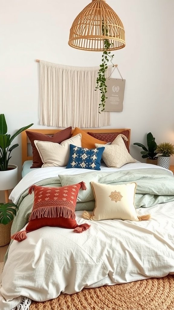 A cozy boho-style bedroom featuring a bed adorned with various colorful and patterned pillows, surrounded by greenery and natural elements.