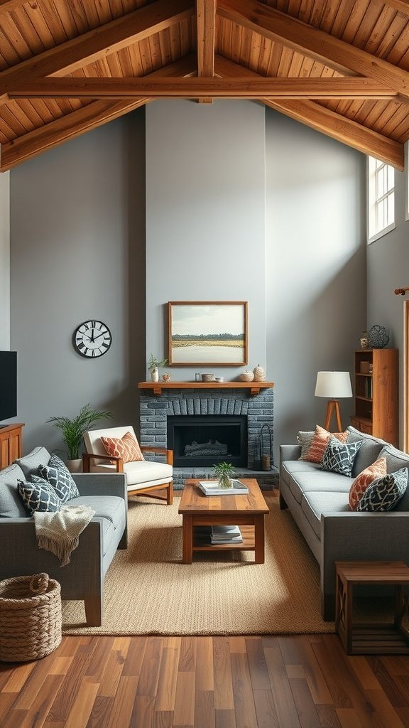 A grey modern farmhouse living room featuring wooden accents, including beams, furniture, and decor.