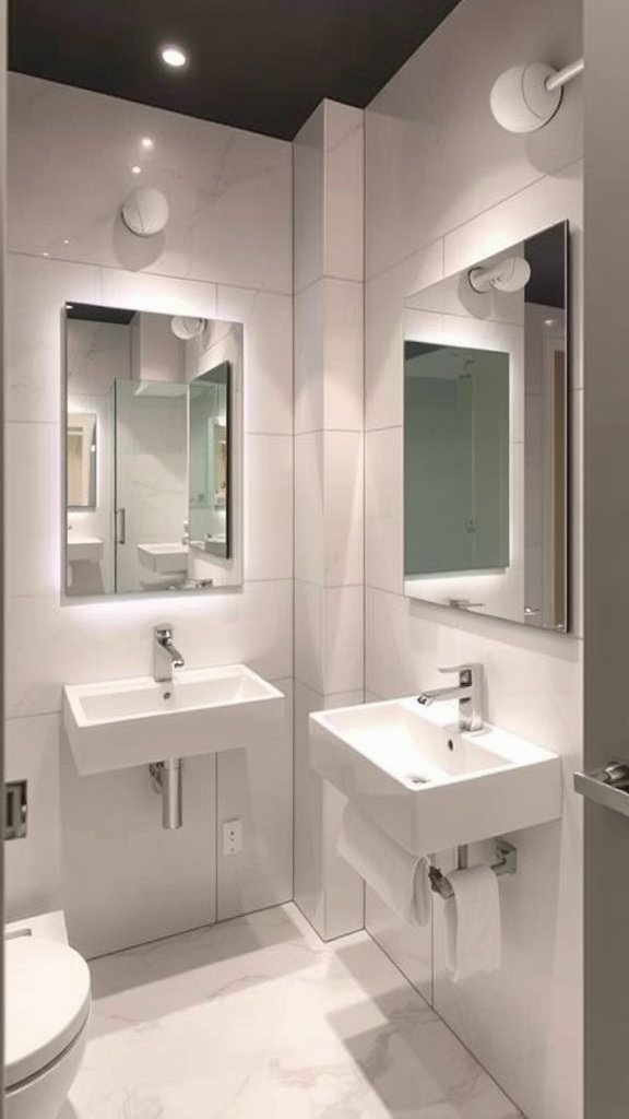 A modern small bathroom with two mirrors and stylish fixtures.