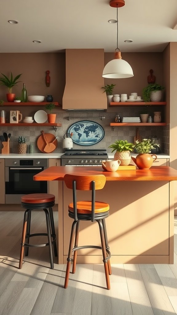 A modern kitchen peninsula featuring colorful bar stools, plants, and warm-toned decor.
