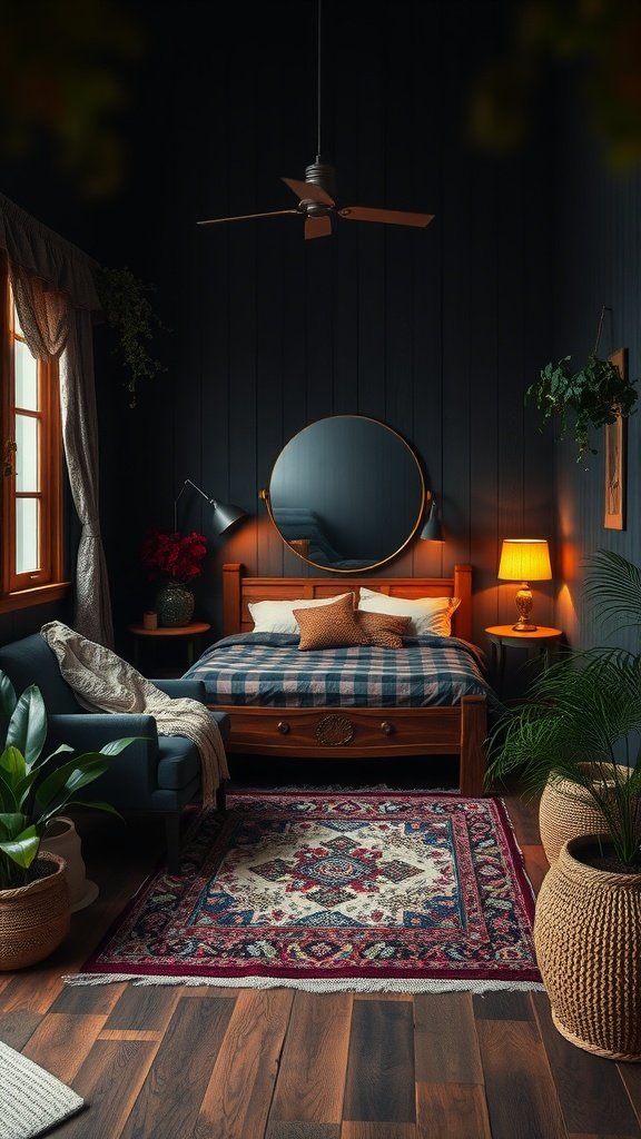 A cozy dark bohemian bedroom featuring wooden furnishings, a bed with plaid bedding, and warm lighting.