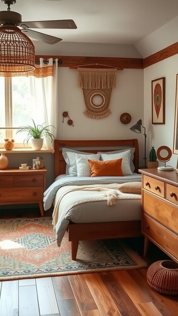 A warm Boho Mid-Century Modern bedroom featuring wooden furnishings, layered bedding, and stylish decor.