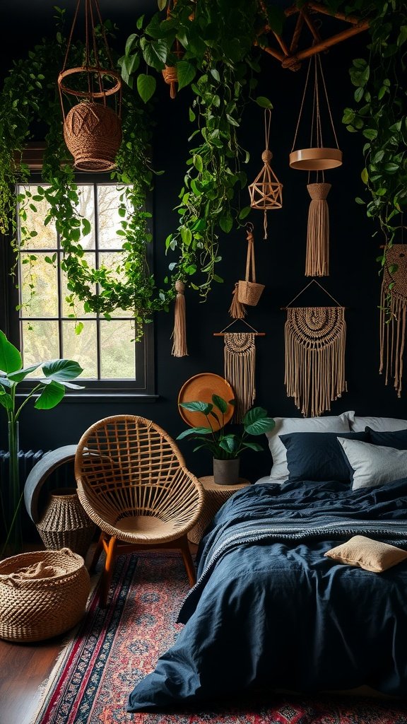 A dark bohemian bedroom featuring hanging plants, woven accents, and a comfy chair.