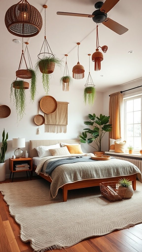 A cozy bedroom featuring woven accents and hanging plants, showcasing a Boho Mid-Century Modern style.