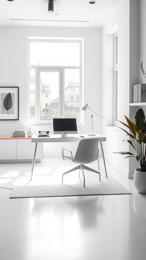 A minimalist home office with a sleek white desk, chair, and large window providing natural light.
