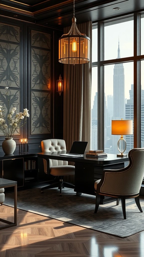 A stylish Art Deco inspired home office featuring elegant furniture and a city skyline view.