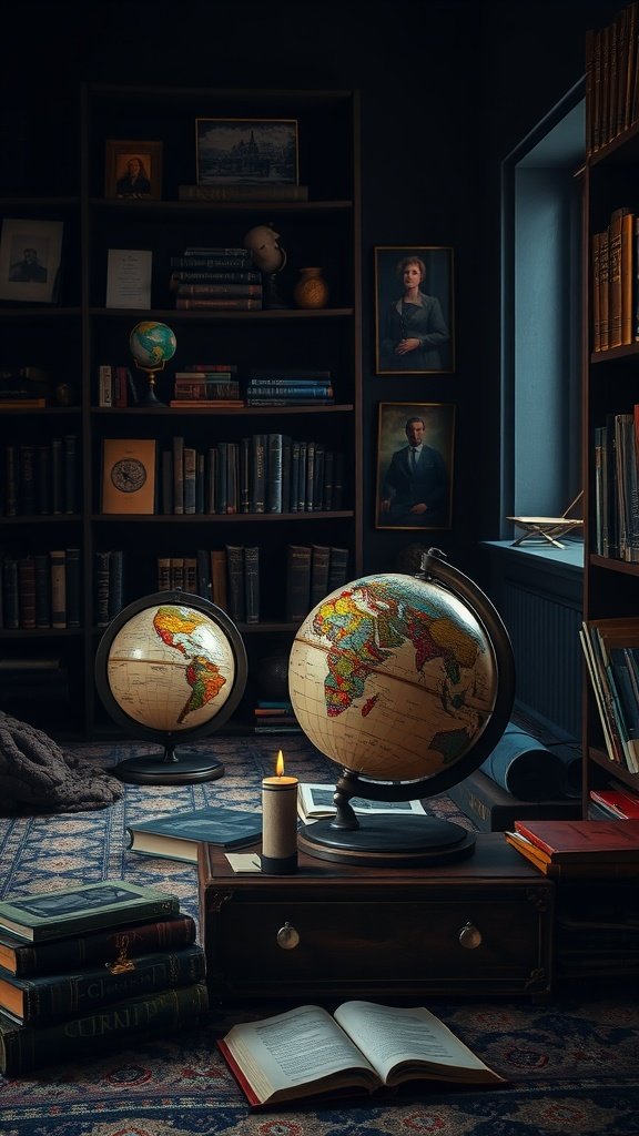 Two decorative globes on a table in a cozy, dimly lit room filled with books and a candle.