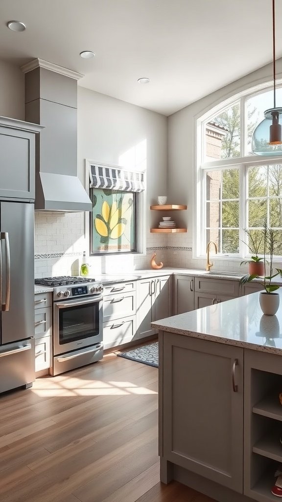 Modern gray kitchen with large windows, stylish shelf, and bright countertops