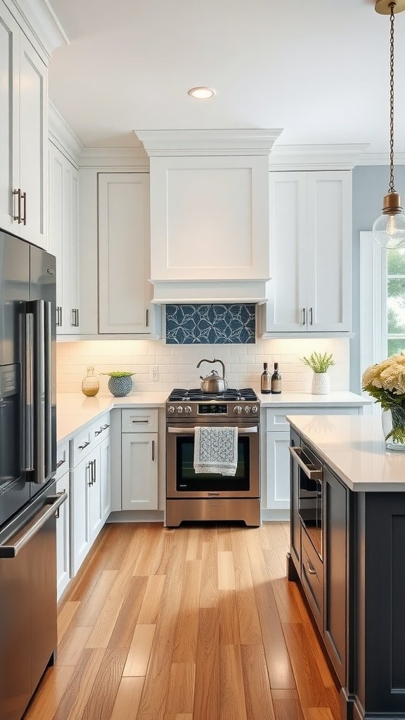 Modern kitchen with white cabinets, dark island, blue backsplash, and stylish lighting.