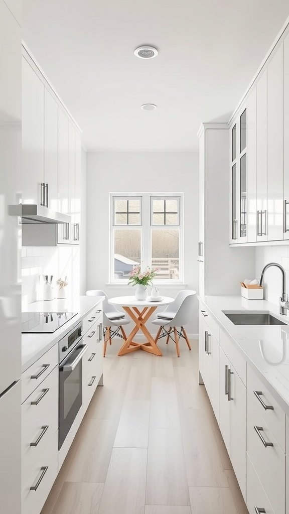 Bright white kitchen with modern appliances and a cozy dining nook
