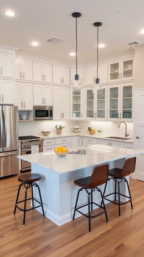 Modern kitchen remodel featuring white cabinets, stainless steel appliances, and a large island with seating.
