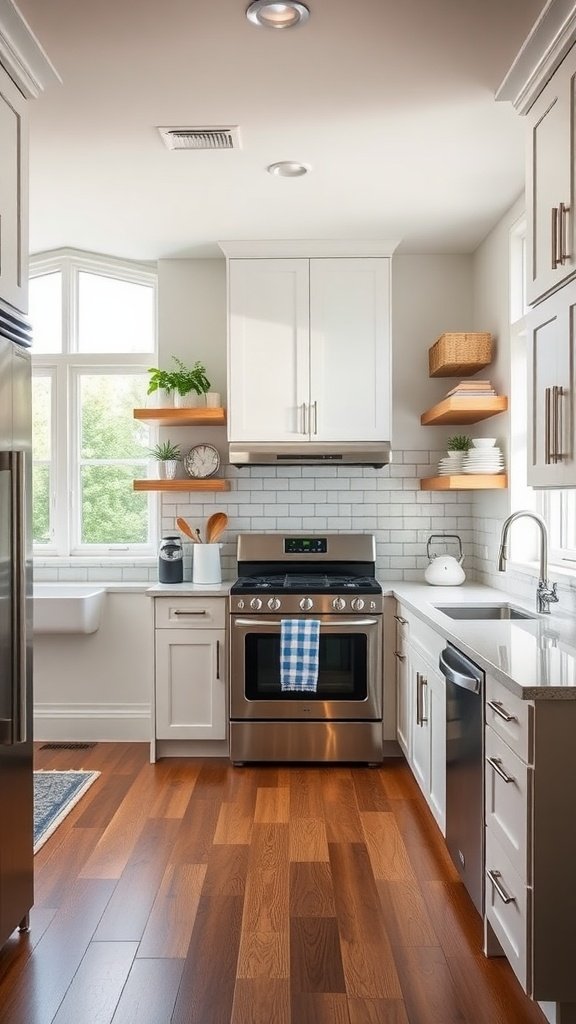 Gorgeous remodeled kitchen with white cabinets, stainless steel appliances, and wooden flooring