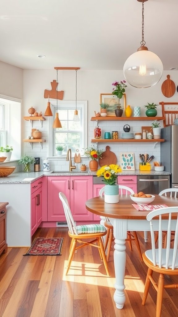 Brightly colored kitchen with pink cabinets, wooden table, and cheerful decor.