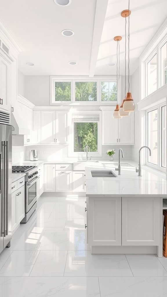 A modern kitchen with white cabinets, bright lighting, and large windows