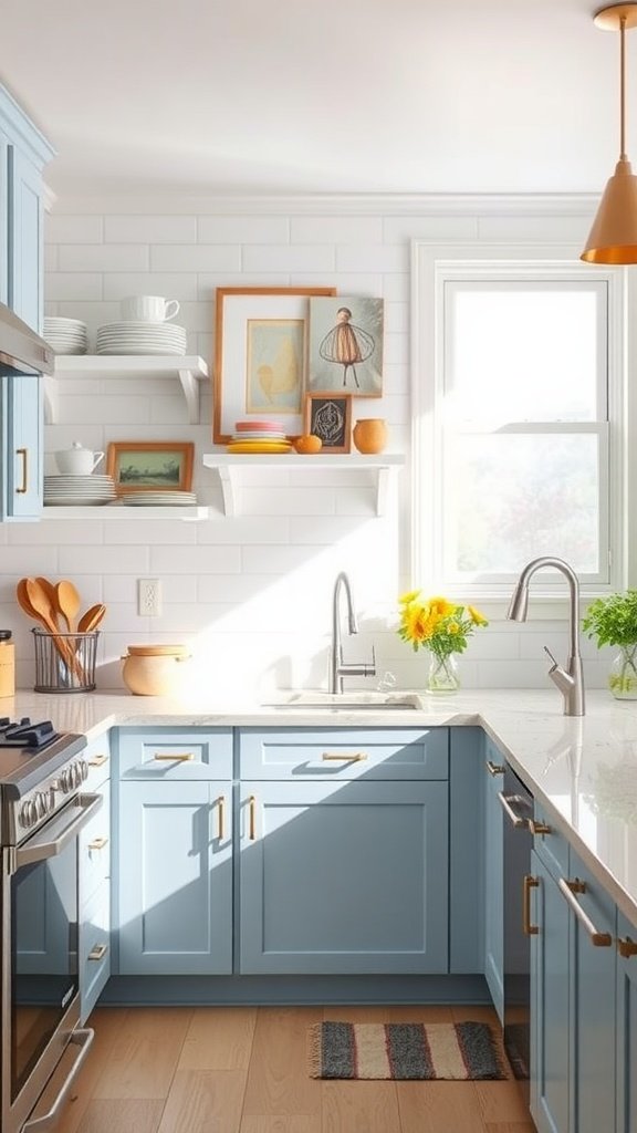 A kitchen featuring light blue cabinets, wall shelves with decor, and a sunny atmosphere.