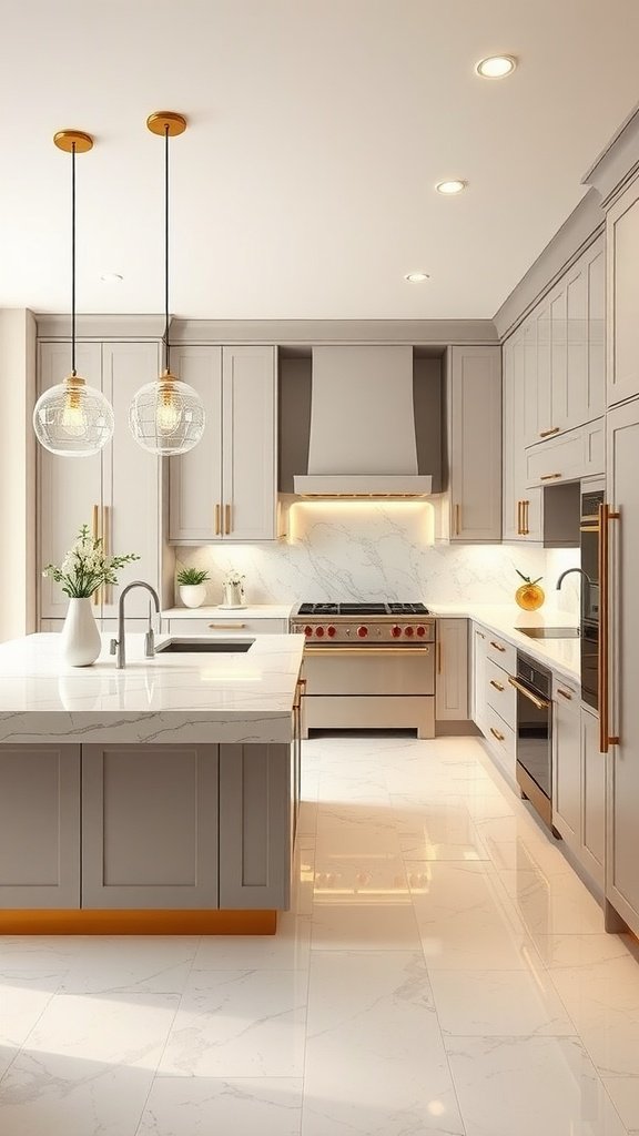 Luxury kitchen with gold accents, gray cabinetry, and white marble countertops.