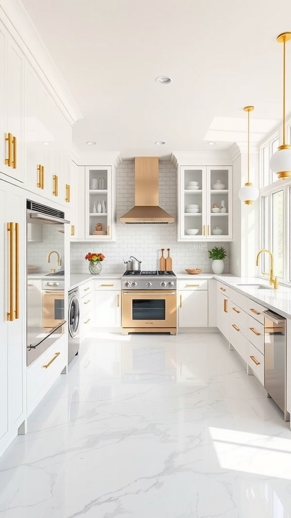 Modern kitchen with gold accents, featuring white cabinets, bright lighting, and polished surfaces.