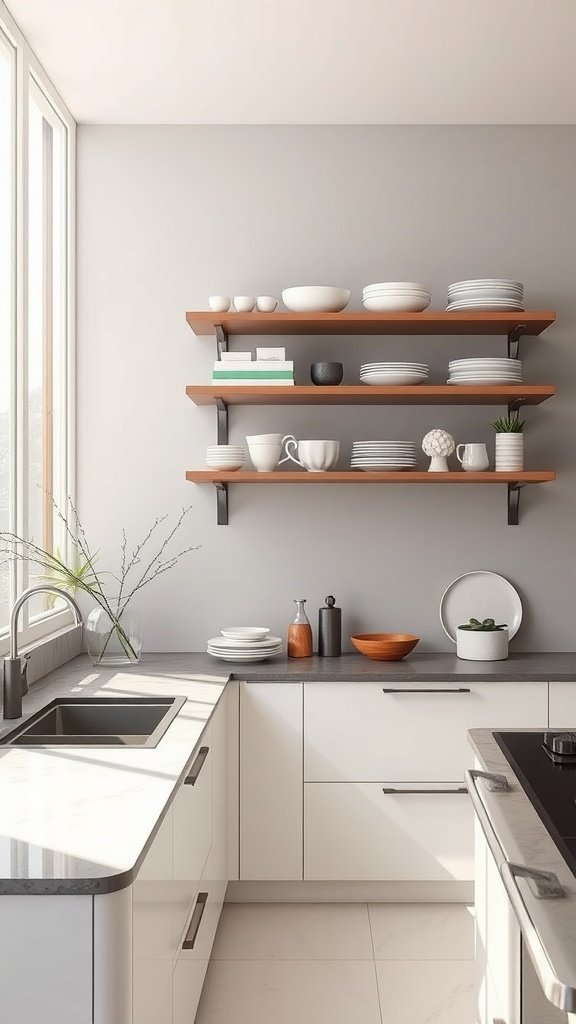Modern kitchen featuring wall shelves with neatly arranged dinnerware and minimalist design.