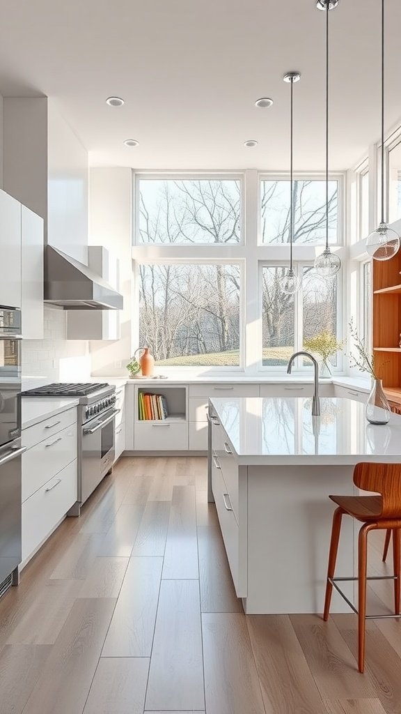 Modern kitchen with large windows, white cabinets, and wooden flooring