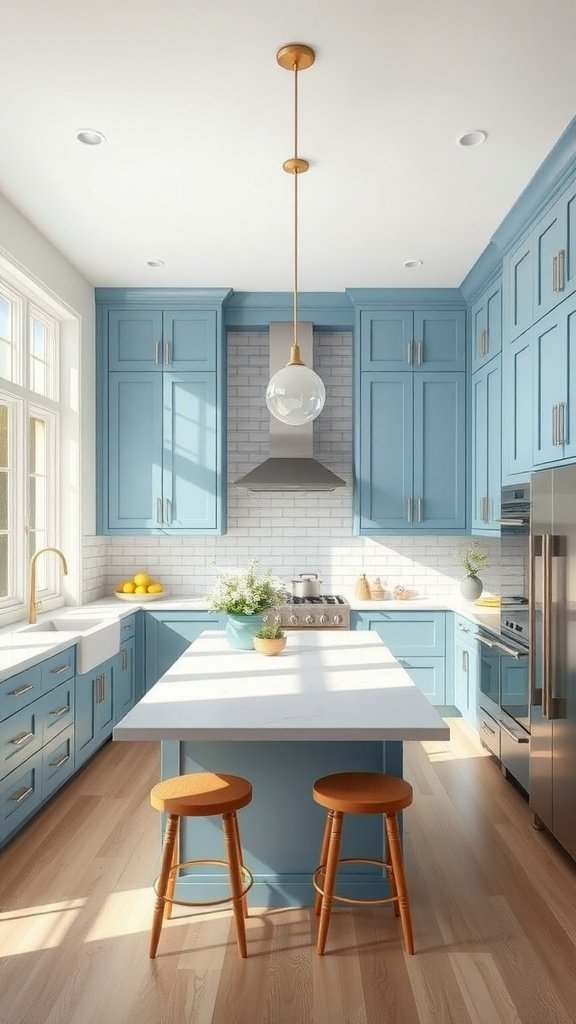 A modern kitchen featuring blue cabinets, a large island, and an airy design with natural light.