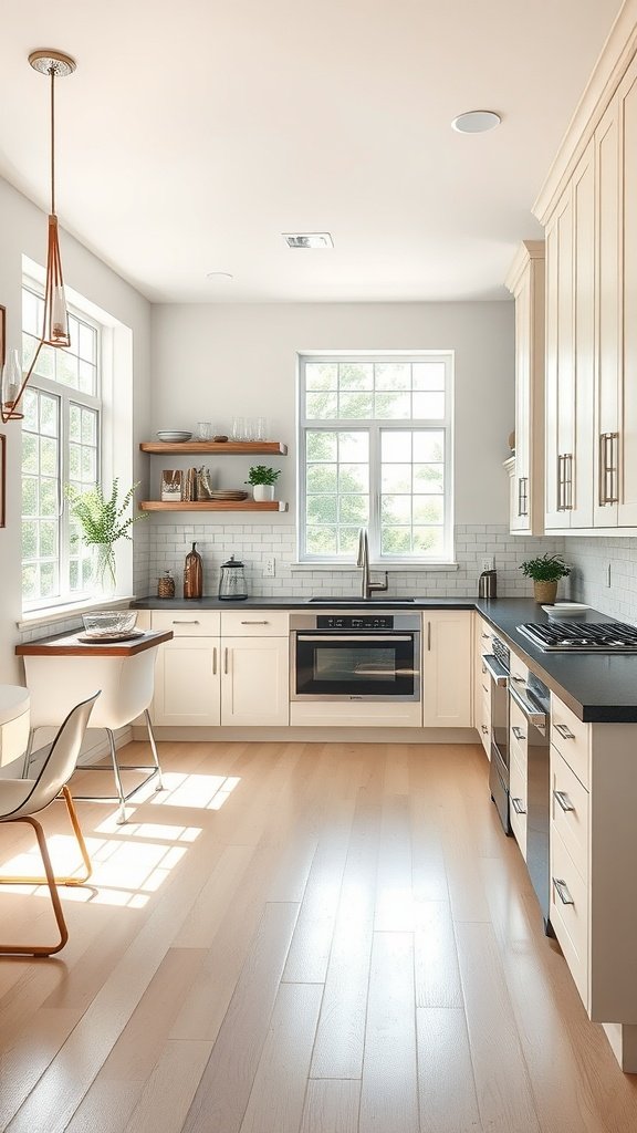 Modern open kitchen with ample storage, large windows, and sleek cabinetry.