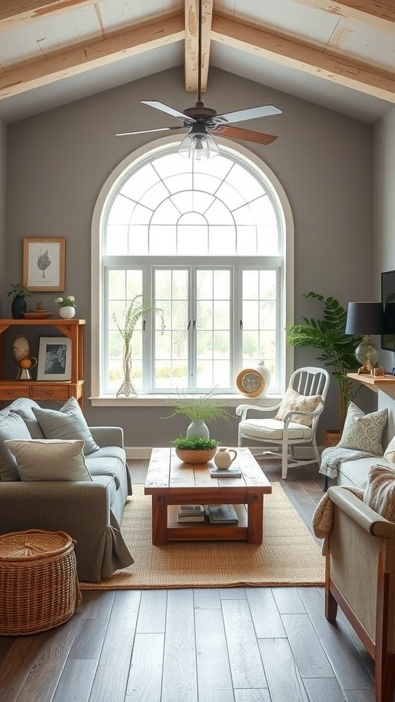 Living room featuring Agreeable Gray walls with natural light and rustic decor