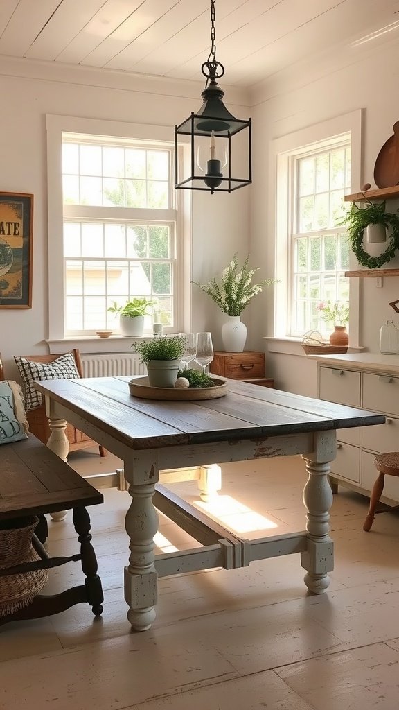 A cozy farmhouse dining area featuring a wooden table, natural light, and soft white walls.