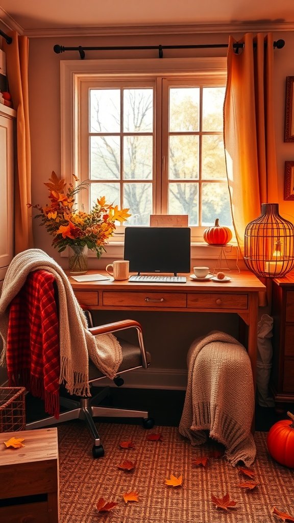 Cozy fall home office with warm decor, autumn flowers, and a pumpkin