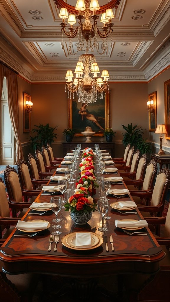 Luxurious Italian dining room with a long table adorned with flowers and elegant decor.
