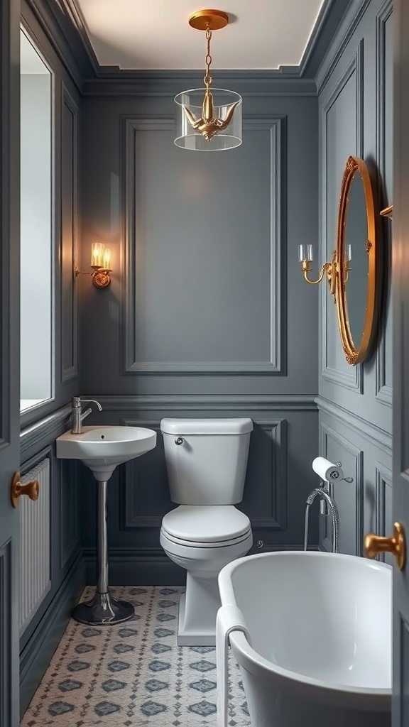 A stylish bathroom featuring Ammonite paint by Farrow & Ball, showcasing a modern design with golden fixtures.