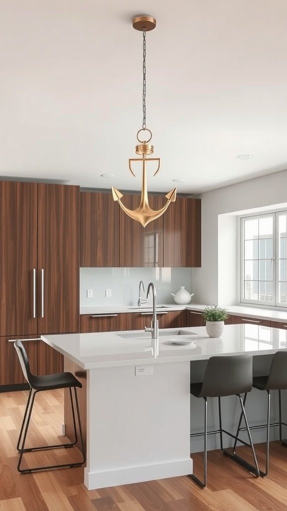A kitchen peninsula featuring an anchor-shaped pendant light, modern cabinetry, and stylish seating.