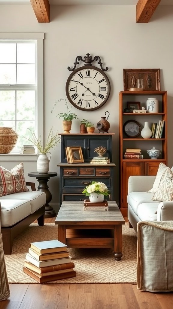 Cozy modern farmhouse living room with antique decor, featuring a large wall clock, vintage bookshelf, and a coffee table with books.