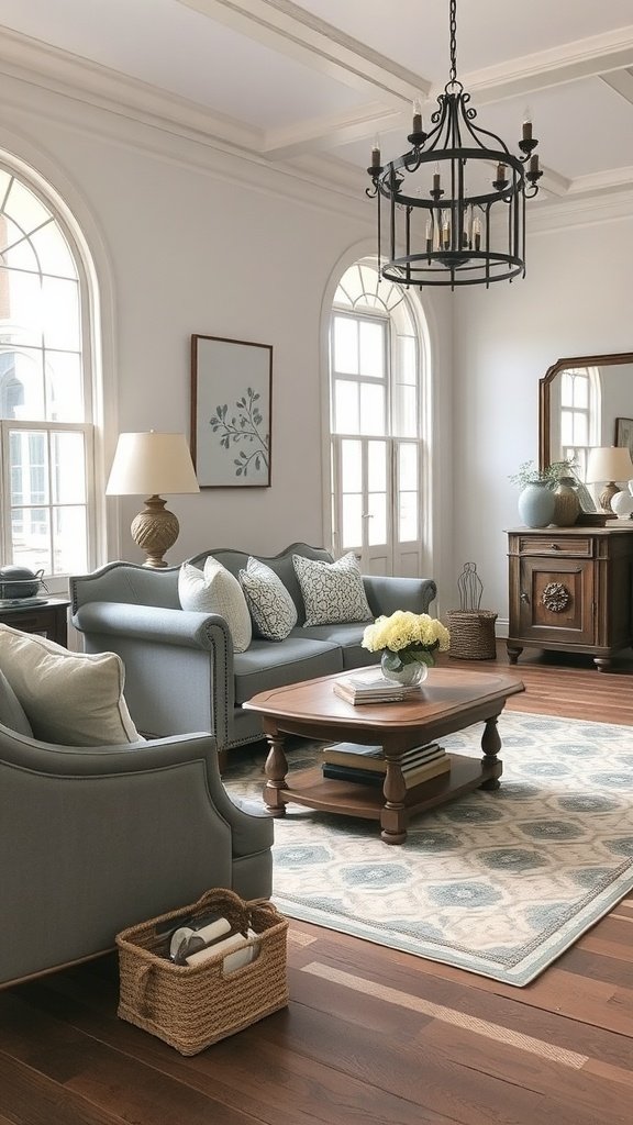 A modern farmhouse living room featuring antique furniture with grey tones, a soft grey sofa, a wooden coffee table, and large windows.