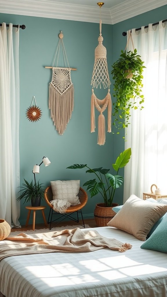 A cozy boho bedroom featuring aqua walls, macramé wall hangings, plants, and soft textiles.