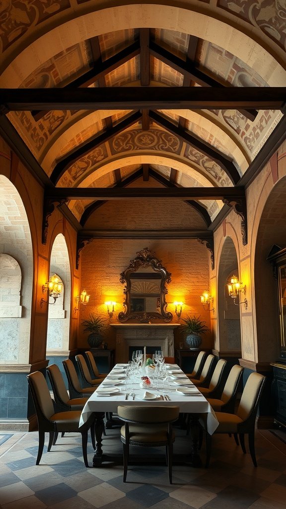 Luxurious Italian dining room featuring arched ceiling, exposed beams, and textured walls