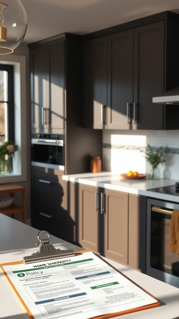 A modern kitchen with dark cabinets and a clipboard displaying a home warranty policy on the counter