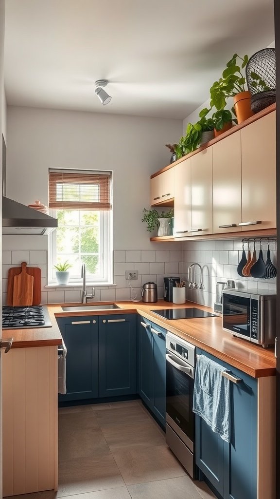 A small kitchen featuring two-toned cabinets, cream upper cabinets and navy lower cabinets, with wooden countertops and greenery.