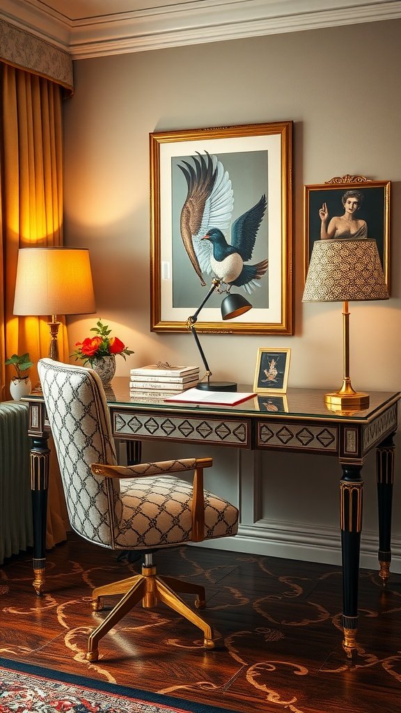 Art Deco inspired home office with a stylish desk, chair, and artwork