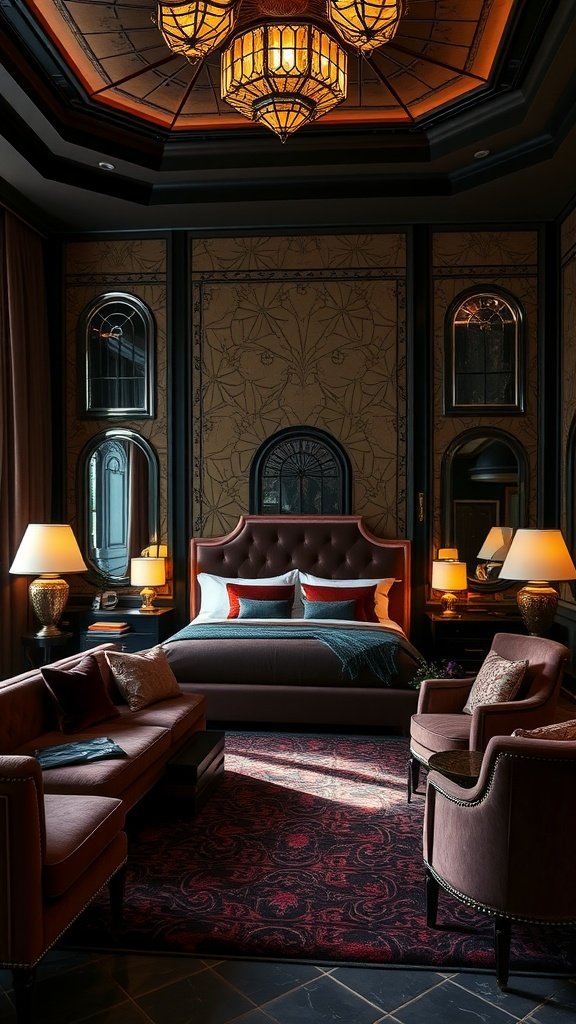 A luxurious Art Deco master bedroom featuring geometric patterns, rich fabrics, and a cozy seating area.